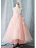 Beaded Tulle 3D Flowers High Low Keyhole Back Flower Girl Dress